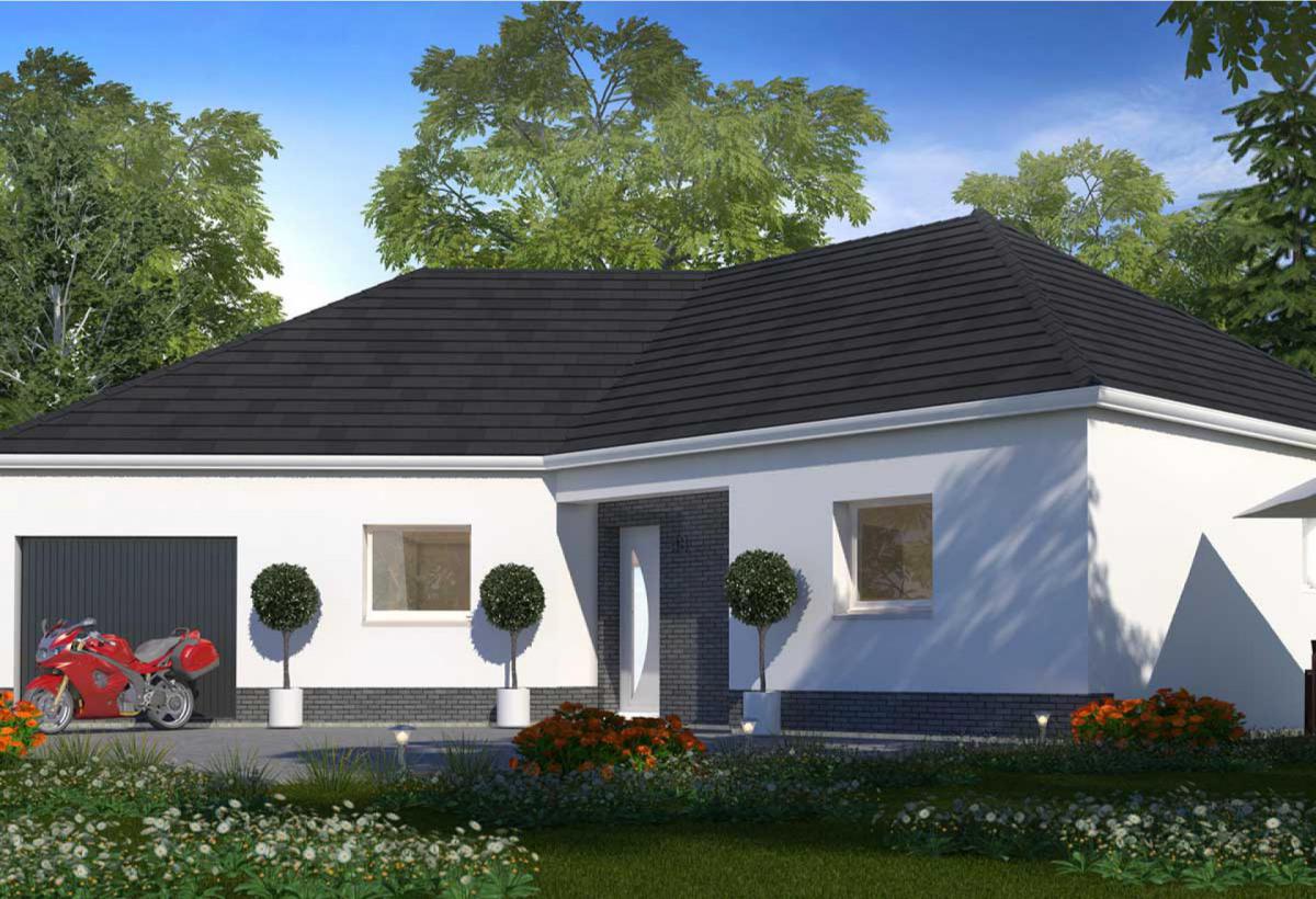 Plan de maison plain-pied de 106 m², 4 pièces, 3 chambres, 1 salle de bain, et avec garage.