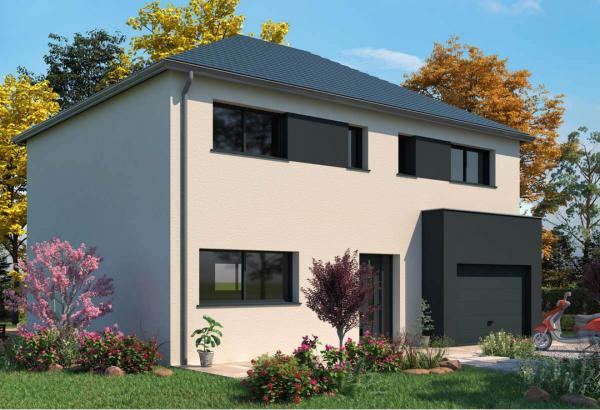 Plan de maison r+1 de 129 m², 5 pièces, 4 chambres, 2 salles de bain, et avec garage.
