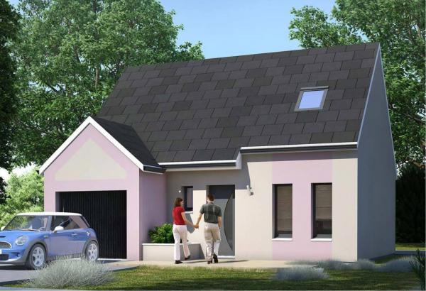 Plan de maison à étage de 64 m², 3 pièces, 2 chambres, 1 salle de bain, et avec garage.
