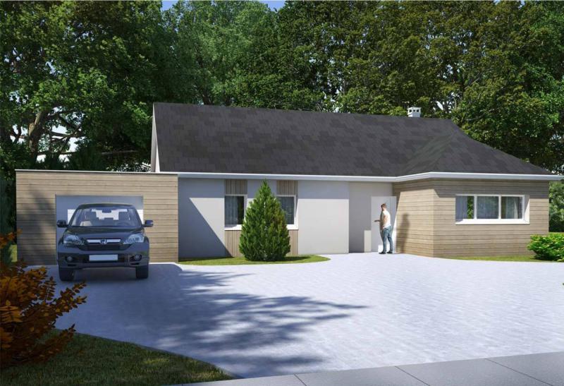 Plan de maison plain-pied de 105 m², 5 pièces, 4 chambres, 1 salle de bain, et avec garage.