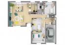 Plan 3D maison traditionnelle plain-pied 92m² 3 chambres et garage n°94 - Rez-de-chaussée