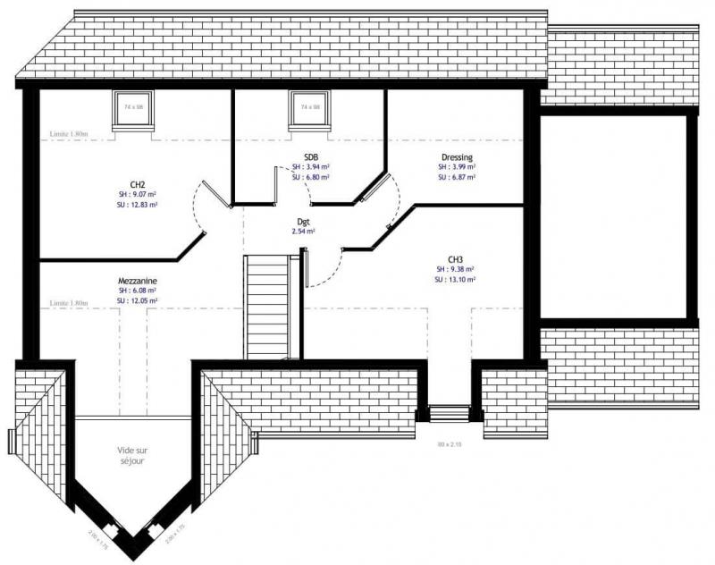 Plan de maison contemporaine à étage 3 chambres avec garage - n°16B - Etage