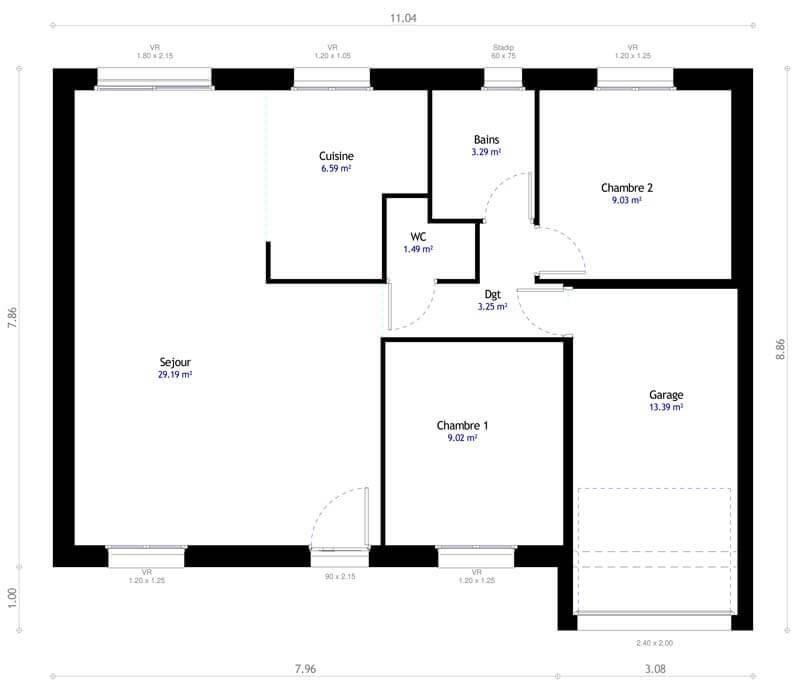 Plan de maison contemporaine de plain-pied 2 chambres avec garage n°101