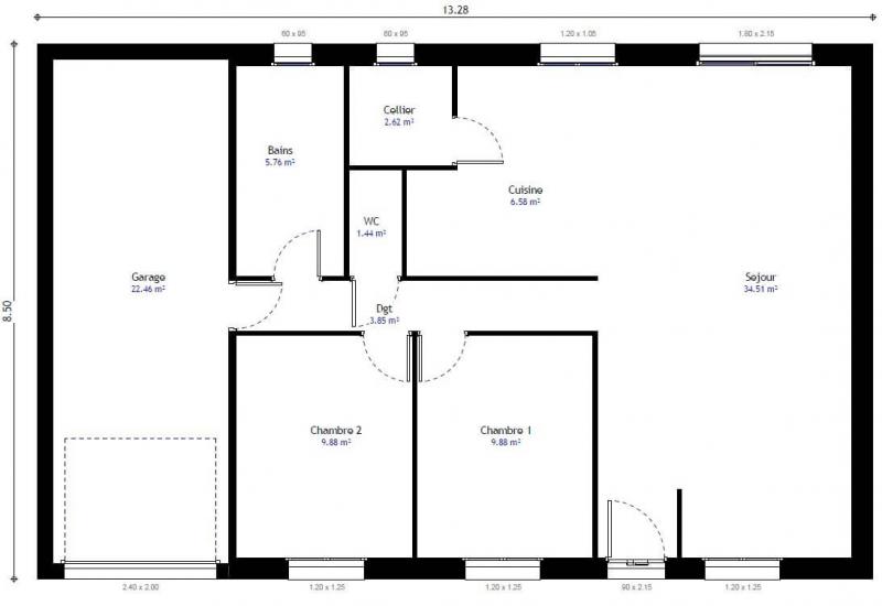 Plan de maison plain-pied traditionnelle 2 chambres avec garage - n°103GI