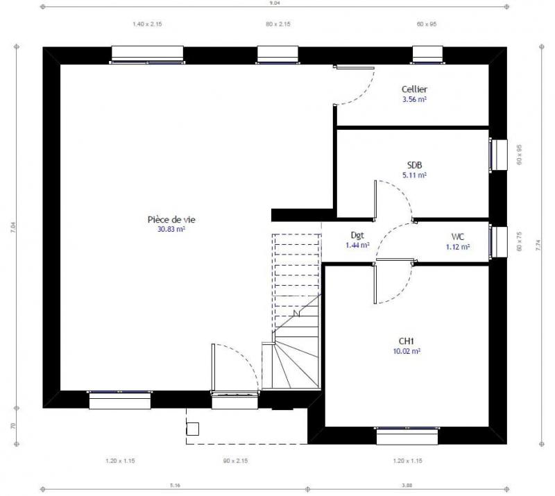 Plan de maison traditionnelle à étage 76m² 3 chambres n°34 - Rez de chaussée