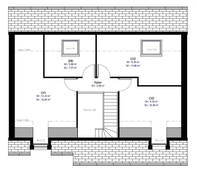 Plan de maison traditionnelle à étage 94m² 3 chambres avec garage n°12 - Etage