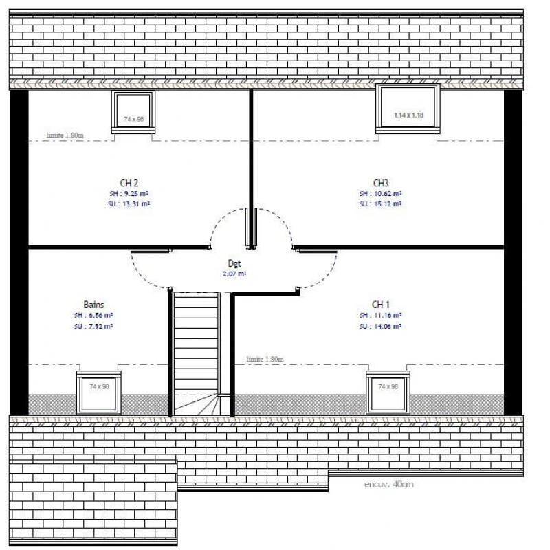 Plan maison à étage traditionnelle 98m² 4 chambres avec garage n°39 - Etage