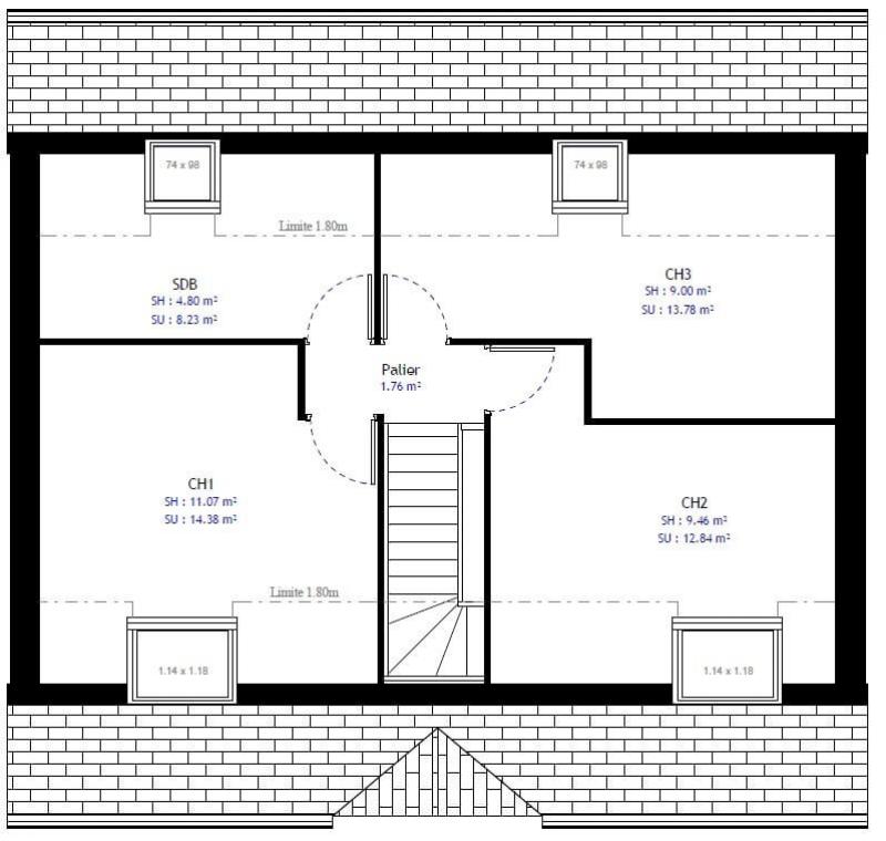Plan maison à étage traditionnelle 99m² 4 chambres n°32 - Etage