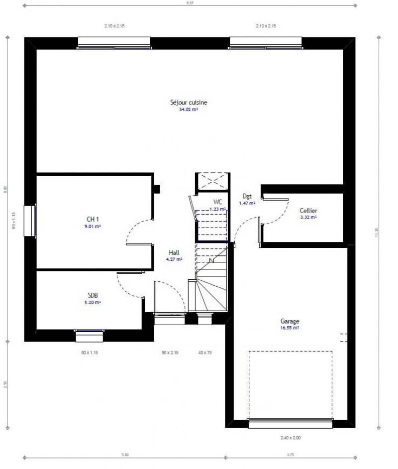 Plan maison contemporaine à étage 100m² 4 chambres avec garage n°70 - rez-de-chaussée
