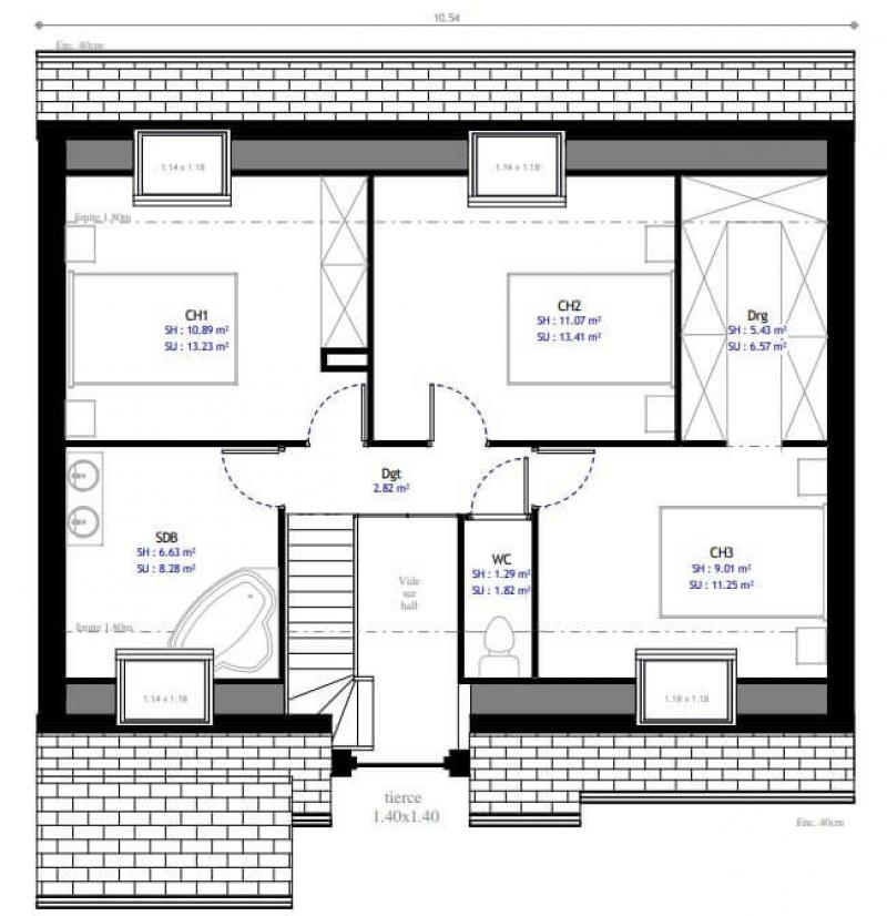 Plan maison contemporaine à étage 114m² 4 chambres avec garage n°114 - étage