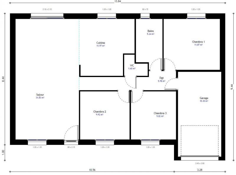 Plan maison plain-pied contemporain 3 chambres avec garage n°102 GI