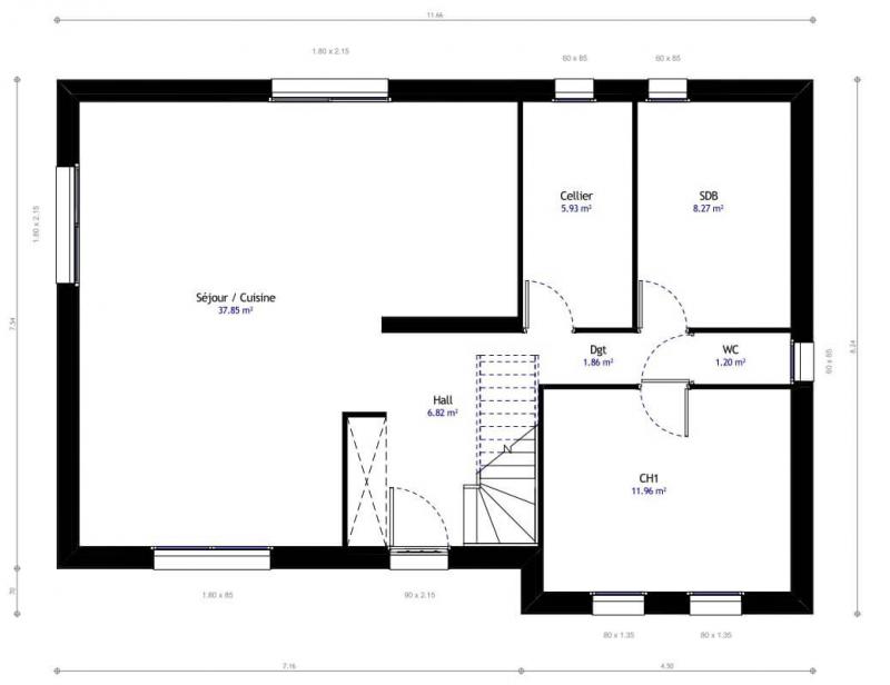 Plan maison traditionnelle à étage 109m² 3 chambres n°18 - 2 salles de bains - Rez de chaussée