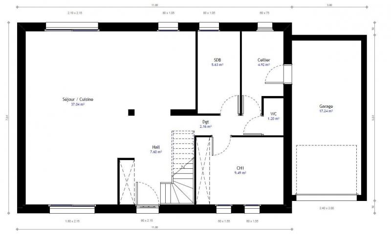 Plan maison traditionnelle à étage 98m² 3 chambres avec garage n°69 - rez-de-chaussée