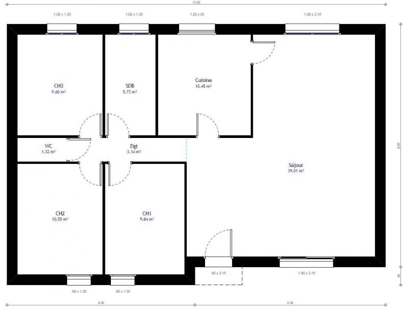 Plan maison traditionnelle plain-pied 90m² 3 chambres n°22