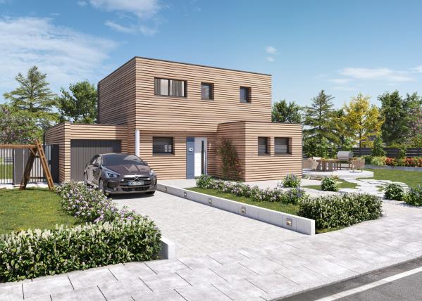 Maison bois cubique R+1 4 chambres - vue avant