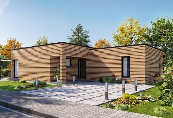 Plan de maison ossature bois plain-pied de 100 m², 4 pièces, 3 chambres, 1 salle de bain.