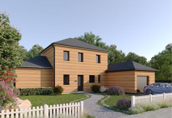 Plan de maison ossature bois r+1 de 100 m², 5 pièces, 4 chambres, 2 salles de bain, et avec garage.