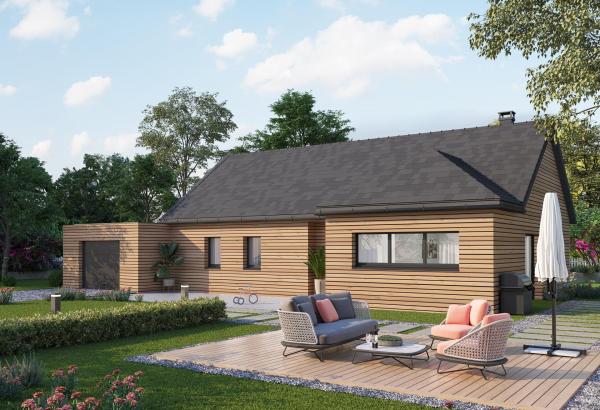 Plan de maison ossature bois plain-pied de 100 m², 5 pièces, 4 chambres, 1 salle de bain, et avec garage.