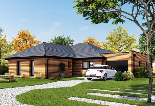 Plan de maison ossature bois plain-pied de 100 m², 6 pièces, 5 chambres, 2 salles de bain, et avec garage.