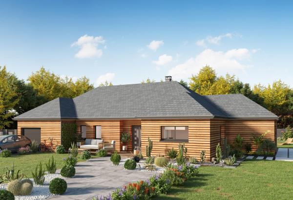 Plan de maison ossature bois plain-pied de 100 m², 6 pièces, 5 chambres, 1 salle de bain, et avec garage.