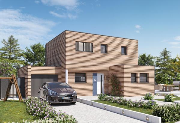 Plan de maison ossature bois r+1 de 100 m², 6 pièces, 4 chambres, 2 salles de bain, et avec garage.