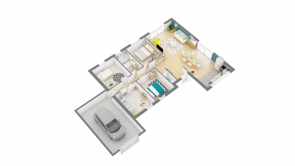 Plan 3D maison bois plain-pied traditionnelle - perspective