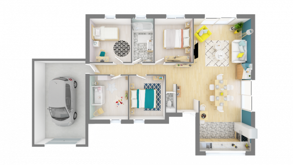 Plan 3D maison bois plain-pied traditionnelle - vue de haut