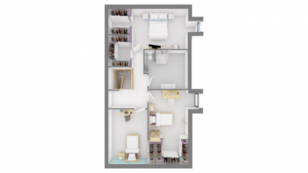 Plan maison bois à étage 4 chambres - étage vue dessus 3d