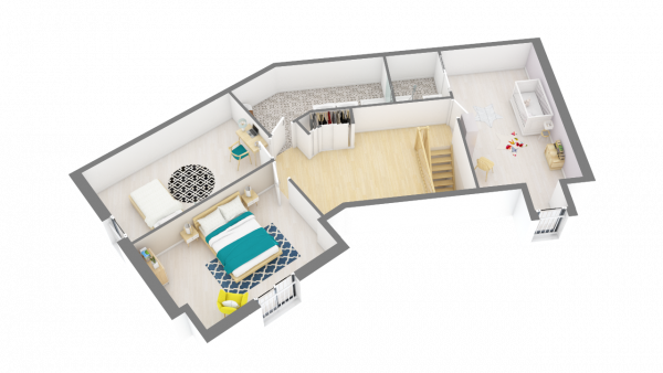 Plan maison bois à étage 4 chambres traditionnelle - étage perspective 3d