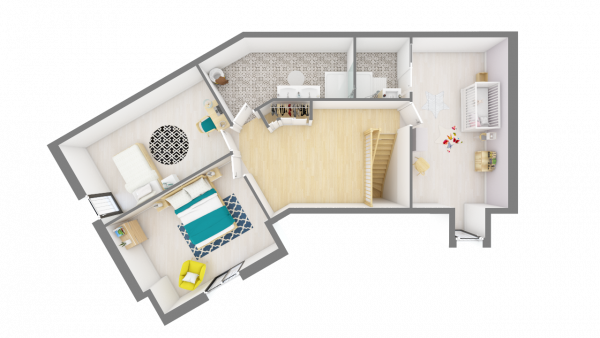 Plan maison bois à étage 4 chambres traditionnelle - étage vue dessus 3d