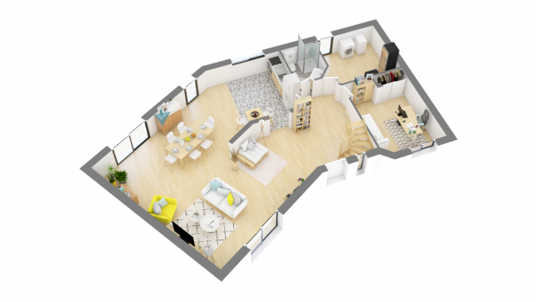 Plan maison bois à étage 4 chambres traditionnelle - rdc perspective 3d