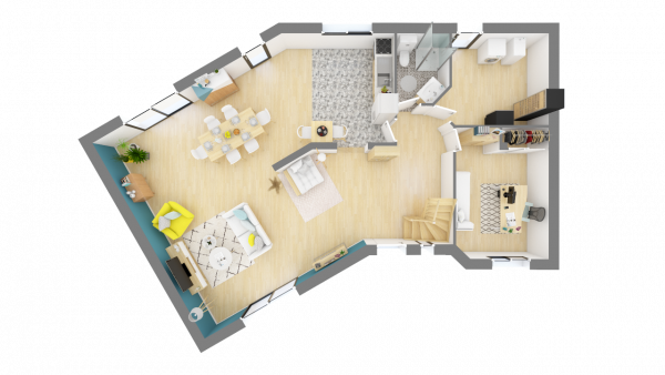 Plan maison bois à étage 4 chambres traditionnelle - rdc vue dessus 3d