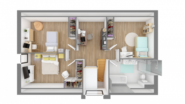 Plan maison bois à étage contemporaine - vue dessus 3d étage