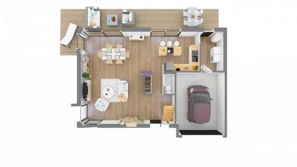 Plan maison bois à étage contemporaine - vue dessus 3d rdc