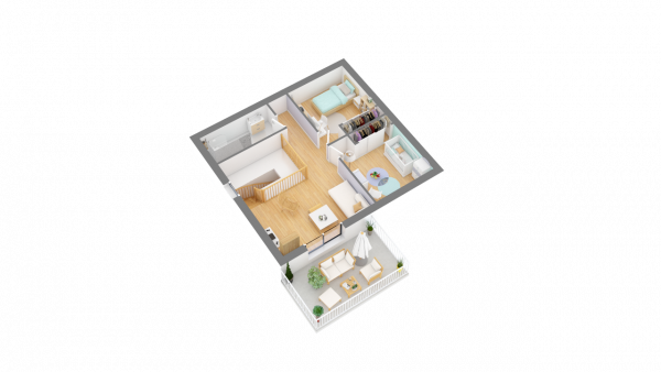 Plan maison ossature bois cubique R+1 contemporaine - étage perspective 3d
