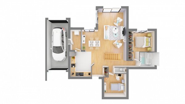 Plan maison ossature bois cubique R+1 contemporaine - rdc vue dessus 3d