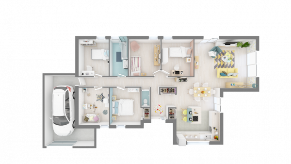 Plan maison ossature bois plain-pied traditionnelle - vue 3d dessus