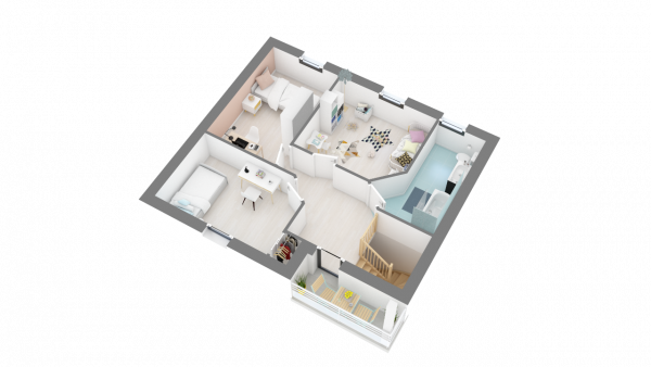 Plan maison ossature bois R+1 4 chambres - étage perspective 3D