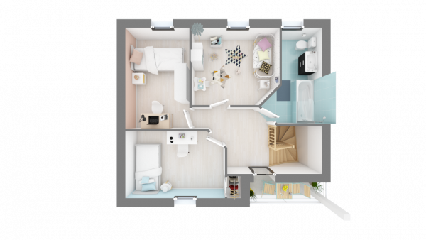 Plan maison ossature bois R+1 4 chambres - étage vue dessus 3D