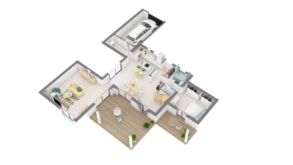 Plan maison ossature bois R+1 4 chambres - rdc perspective 3D