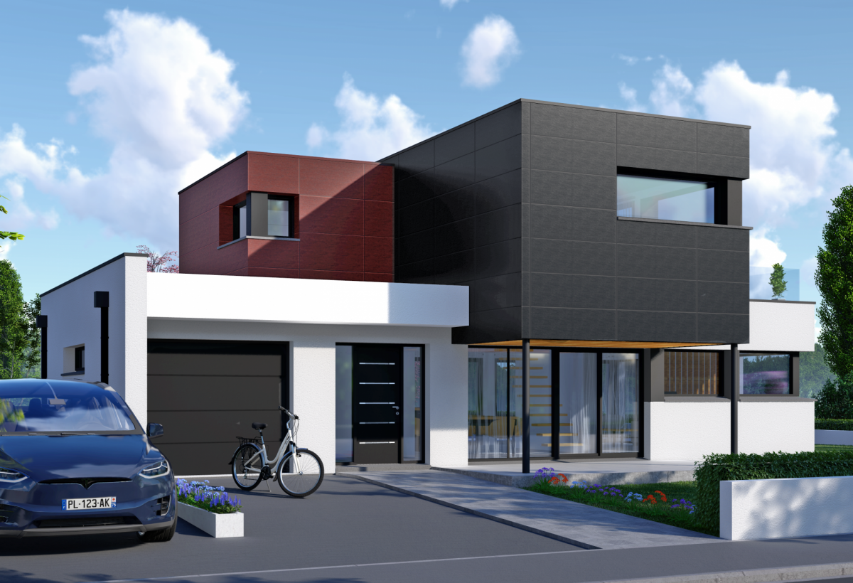 Plan de maison sur-mesure r+1 de 172 m², 5 pièces, 3 chambres, 2 salles de bain, et avec garage.