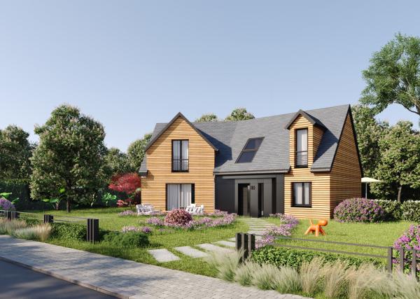 Maison bois à étage 4 chambres traditionnelle - vue avant bardage Trespa