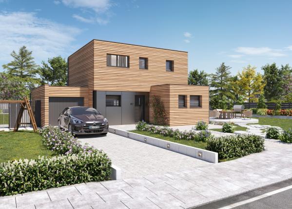 Maison bois cubique R+1 4 chambres - vue avant bardage Trespa