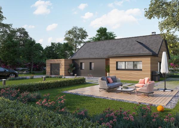 Maison bois plain-pied traditionnelle - vue avant mix bardage trespa