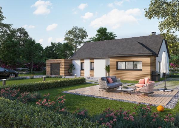 Maison bois plain-pied traditionnelle - vue avant mix enduit blanc