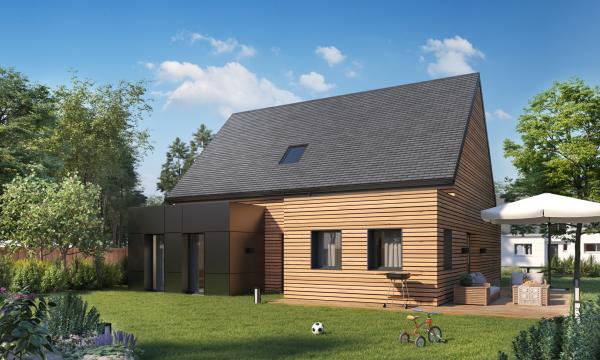 Maison ossature bois à étage contemporaine - vue arrière bardage Trespa