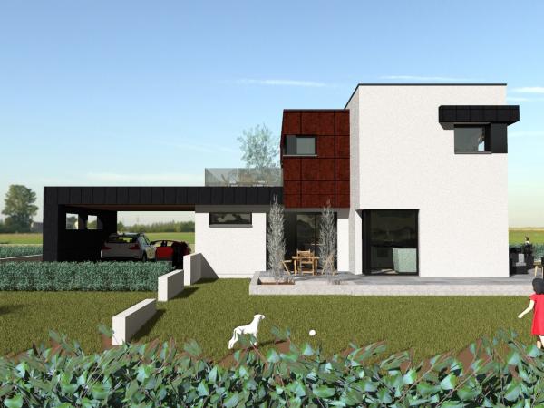 Modèle de maison d'Architecte R+1 cubique - vue depuis jardin