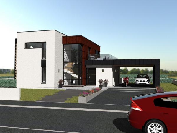 Modèle de maison d'Architecte R+1 cubique - vue depuis la route