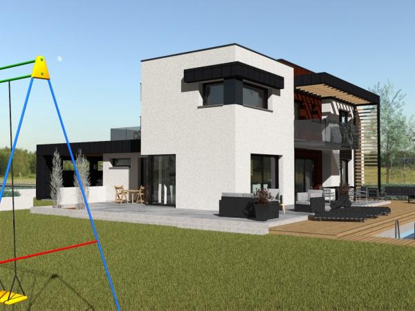 Modèle de maison d'Architecte R+1 cubique - vue jardin