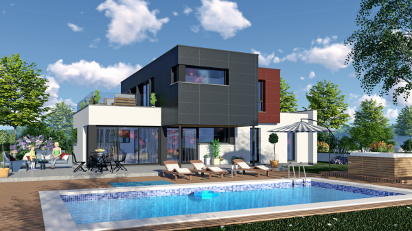 Modèle de maison R+1 cubique à étage - façade arrière